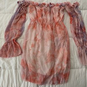 off the shoulder pink and purple tie-dye dress